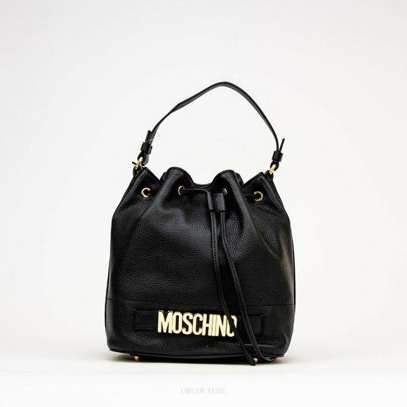 AW17 Black Leather Bucket Bag w/ Gold Logo Plaque